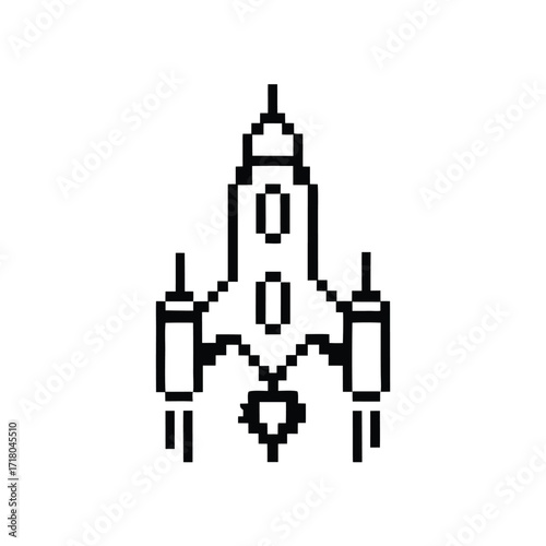 Pixel Art Black Spaceship with White Background Isolated Simple Design