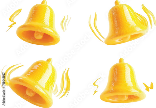 Four Yellow Bells Ringing with Motion Lines on White Background sound alert
