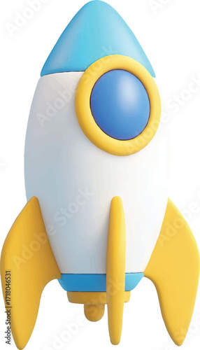 Cartoon Rocket Ship with Blue and Yellow Accents on White Background spaceship space