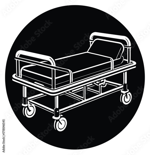 Hospital bed with wheels, medical transport stretcher, emergency room gurney icon for healthcare and wellness