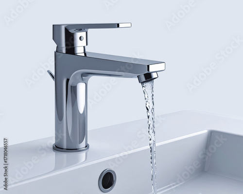 Water flows from modern handle faucet with a metallic tap