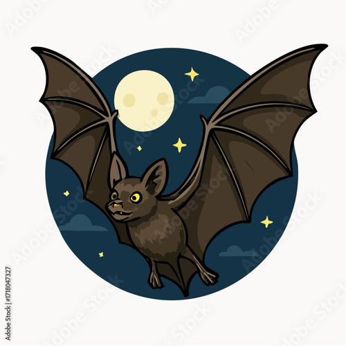 Flying Bat with Full Moon Halloween Illustration