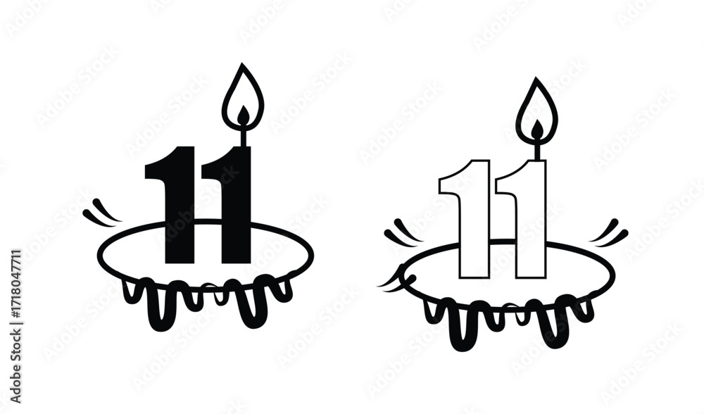 Obraz premium Two black and white outline number 11 birthday candles with flames