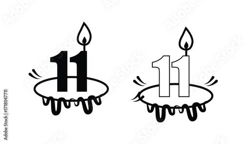 Two black and white outline number 11 birthday candles with flames