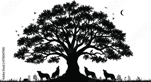 Tree and wolves silhouette, mystical nature scene, black vector, isolated, birds flying, moonlight, forest, wildlife, night, peaceful, artistic