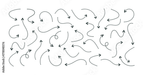 Dotted line arrows set directed down up right and turn wavy pointers signs on white background. Collection of curved dashed thin vector hand drawn arrows. Isolated icon arrows in doodle with.
