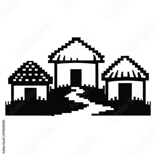 Pixel Art of Three Village Huts with Path on White Background Design