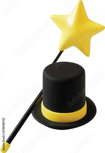 Black Top Hat with Yellow Star Magic Wand on White Background Keywords: magic, wand, hat, top hat, star, yellow, black, magician, performance, illusion