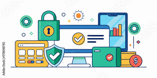Digital security and financial management concept with computer calculator lock shield and coins
