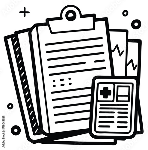 Clipboard Document Icon Illustration with Pen and Checklist Symbols