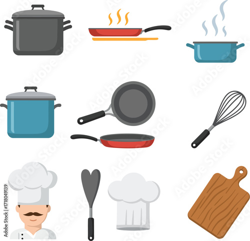 Set of flat vector icons for cooking and culinary themes. Includes kitchenware, cookware like pots and pans, a chef, and utensil illustrations