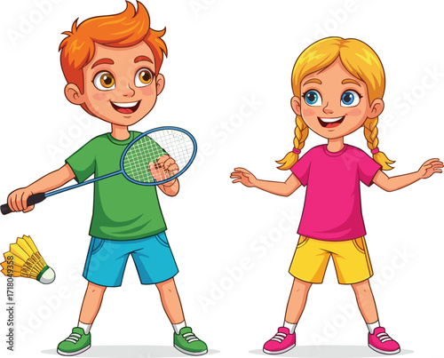  Happy little kids boy and girl playing badminton together, enjoying a fun outdoor sport, a cartoon vector illustration on white background