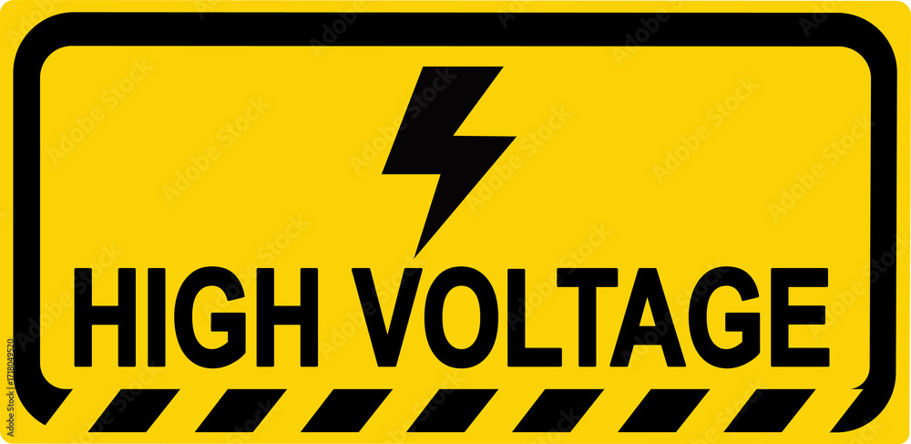 Obraz premium High voltage warning sign with lightning symbol on a bright yellow background indicating electrical hazard safety