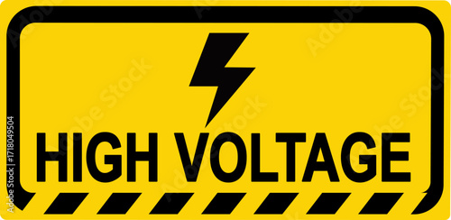 High voltage warning sign with lightning symbol on a bright yellow background indicating electrical hazard safety