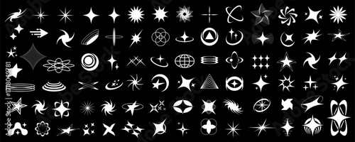 Set of Y2K bling retro futuristic elements, cosmic circles and swirls, abstract brutalism shapes, wireframe stars, grids and tech-inspired aesthetic elements - stock vector