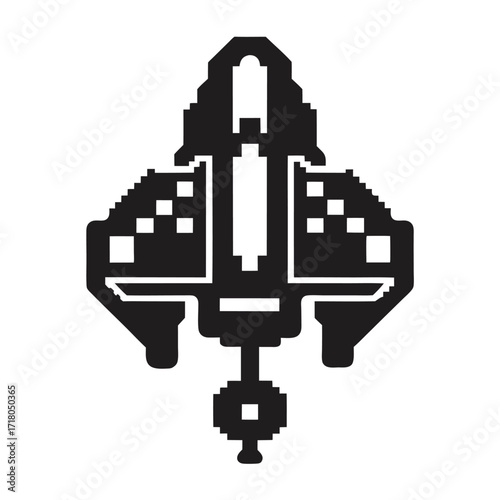 Pixel Art Retro Spacecraft Silhouette, Black Spaceship on White Background