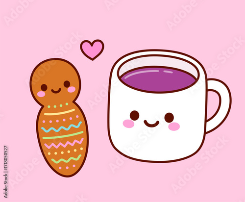 Guagua de pan (bread doll) and Colada morada drink, Day of the Dead tradition in Ecuador. Kawaii drawing with cute heart. Simple cartoon vector illustration.