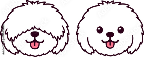 Cute cartoon small fluffy white dog face. Maltese, Bichon Frise, Coton de Tulear. Funny vector clip art illustration.