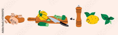 Brown mushrooms, cutting board with seasonal vegetables, pepper grinder, lemon, mint leaves. Delicious vegetarian food concept. Hand drawn modern Vector illustration. Isolated design elements