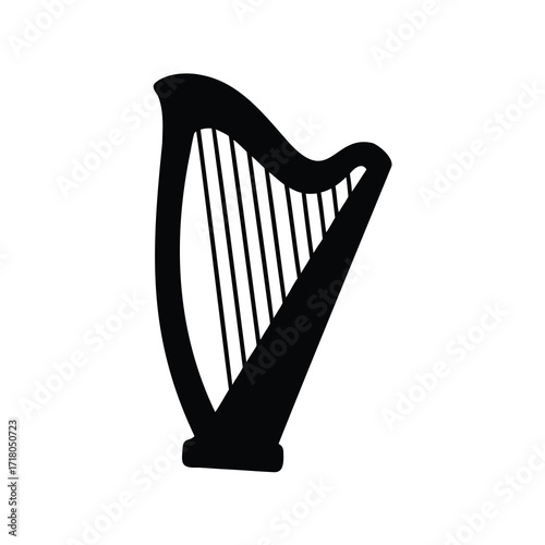 A classic silhouette of a traditional Celtic harp on white background