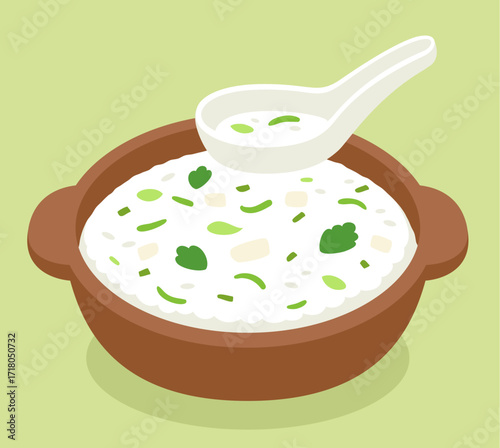 Nanakusa-gayu, traditional Japanese rice porridge with seven herbs. Cartoon vector clip art illustration.