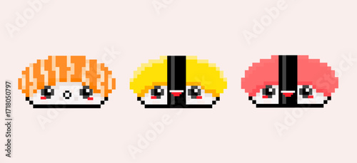 Various tasty sushi. Sushi with kawaii faces. Pixel art. Hand drawn trendy Vector illustration. Cartoon modern style. Colorful set. Isolated design elements. Logo, icon, print templates