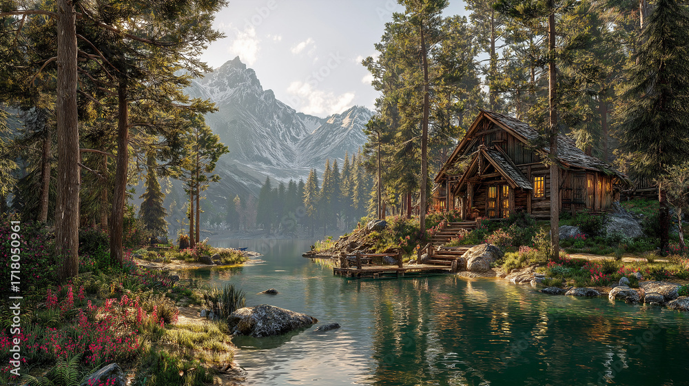 Fototapeta premium Charming Wooden Lodge by a Serene Lake: A Tranquil Escape into Nature