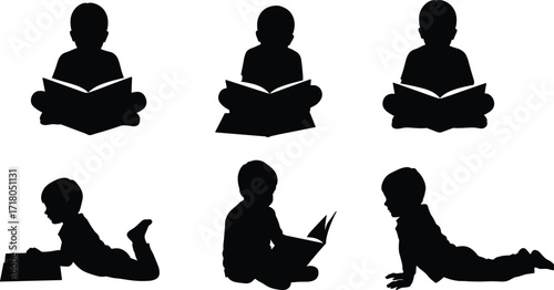 Children reading silhouettes, seated and lying poses, literacy icons, black vector, isolated, set, book, education, study, calm, learning, youth