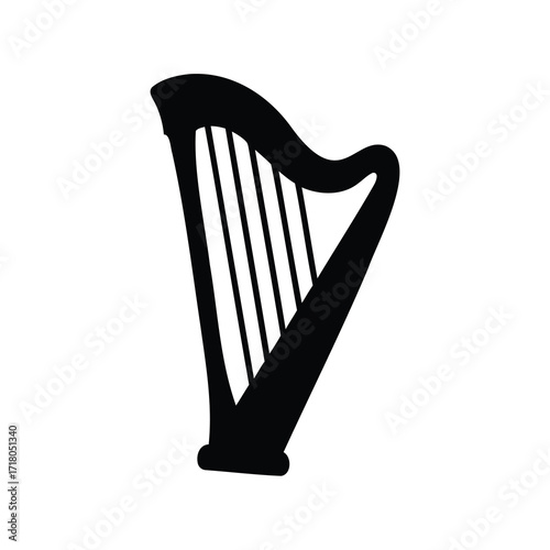 Isolated Black Silhouette of an Elegant Celtic Harp Musical Instrument on White
