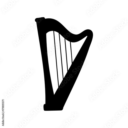 Elegant black and white illustration of a single harp stringed instrument