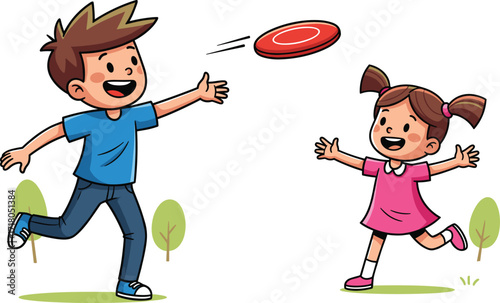  Happy little boy and girl playing with a frisbee in the park, enjoying a fun outdoor game together, cartoon vector illustration