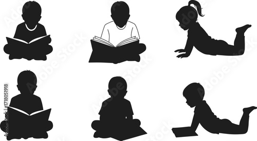 Children reading silhouettes, educational poses, literacy icons, black vector, sitting and lying positions, isolated, set, book, learning, study, calm