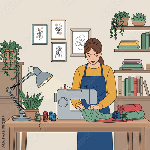 Woman sewing at a desk with plants and books craft