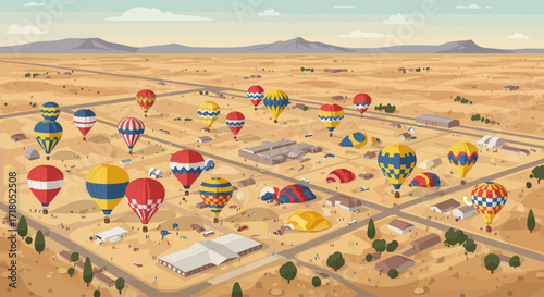 An impressive flat design vector illustration offering an aerial, bird's-eye view of the expansive Albuquerque International Balloon Fiesta park, showcasing numerous hot air balloons