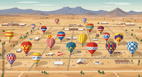 An impressive flat design vector illustration offering an aerial, bird's-eye view of the expansive Albuquerque International Balloon Fiesta park, showcasing numerous hot air balloons