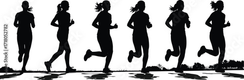 Running motion silhouettes, female jogger sequence, fitness biomechanics, outdoor activity, black vector, isolated, set, ponytail, stride, shadow, grass