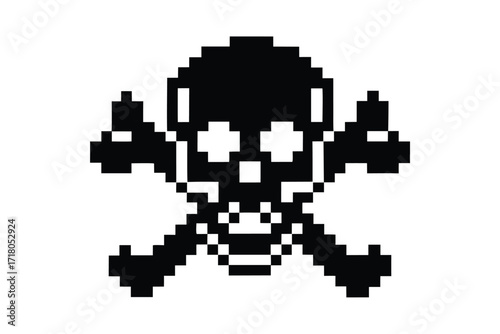 Pixel Art Skull and Crossbones Icon in Black on White Background Design