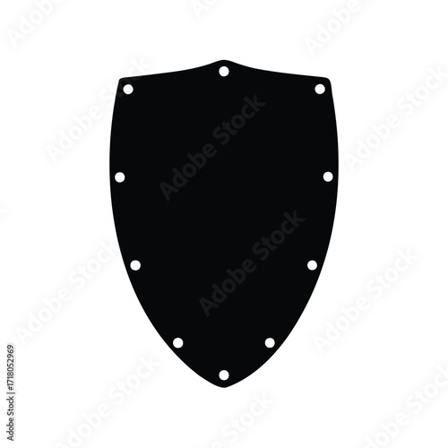 A simplistic black heraldic shield with white rivets on a white background