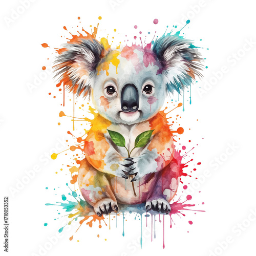 Vibrant Koala Portrait Amidst a Symphony of Splattered Hues and Isolated Transparency