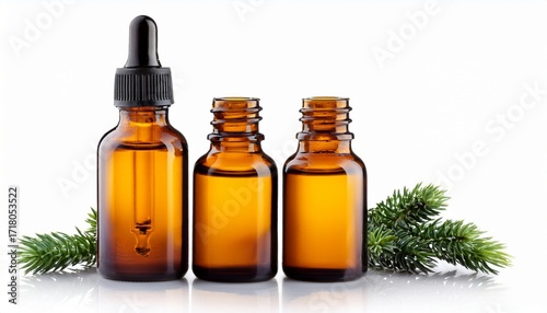 amber glass dropper bottle filled with essential oil isolated on white background