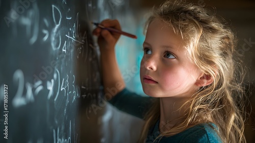 Young genius girl solving complex math problems on chalkboard