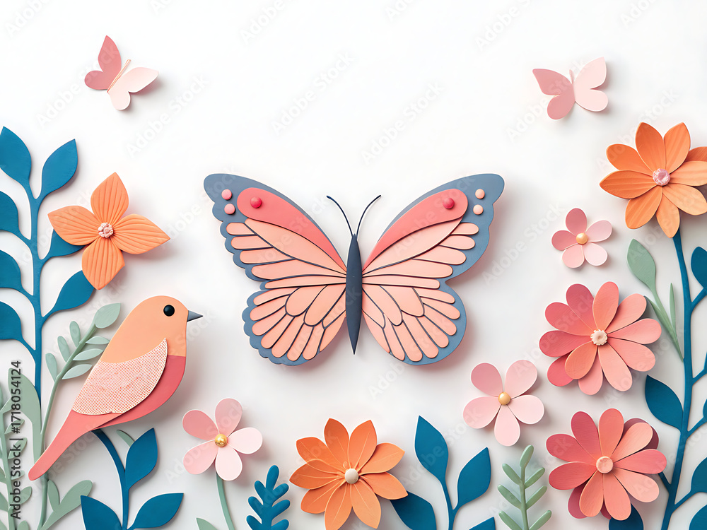 Fototapeta premium A paper crafted butterfly and bird surrounded by flowers and leaves on a white background
