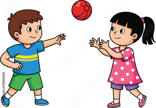 Young, cheerful kids playing a fun game of catch with a red ball, a boy and a girl enjoying their active childhood together with smiles.