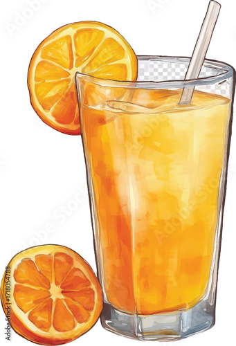 Glass Of Orange Juice With Straw And Orange Slices On White Background drink beverage