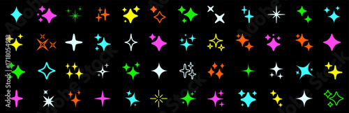 Color stars set icons, different sparkle star shapes icon collection, shine stars sparkles signs, hand drawn bling decoration