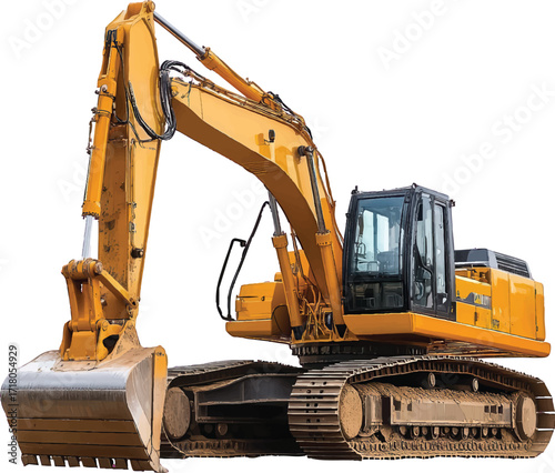 Yellow Excavator With Large Bucket And Tracks On White Background construction heavy equipment