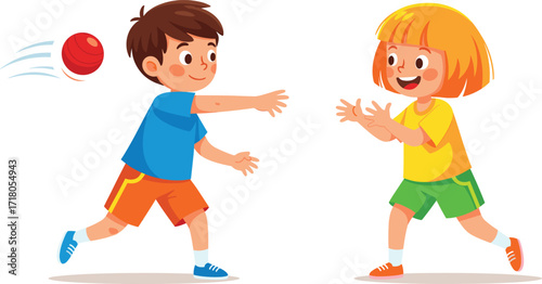 
Playful kids having a fun time catching a red ball outdoors, happy little boy and girl smiling cheerfully, engaging in a joyful game