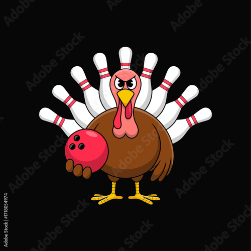 A cartoon illustration of a turkey bowling character on a black background.