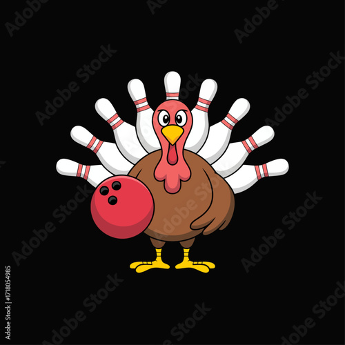 A cartoon illustration of a turkey bowling character on a black background.