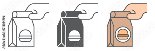 Hands holds a paper bag line icon, service and delivery, safe delivery food sign, vector graphics, a linear icon on a white background, eps 10.